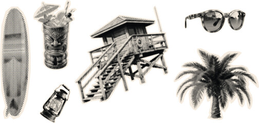 Obraz premium Halftone beach collage with surfboard palm tree sunglasses and cocktail on shore