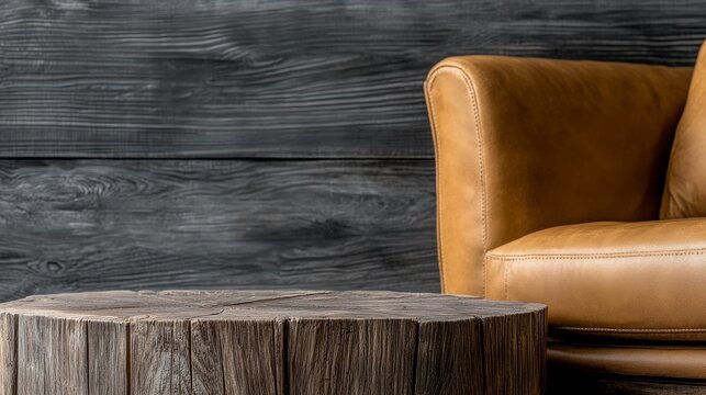 Rustic log wood table podium with tan leather sofa and dark wall background