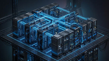 Fototapeta premium Futuristic server rack cluster with glowing blue cables