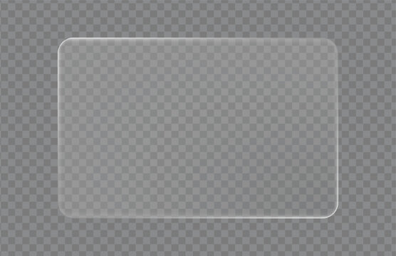  transparent glass or acrylic rectangle plate with rounded corners and a glossy reflective border on a checkered background, ideal for UI panels, badges, and product mockup overlays.