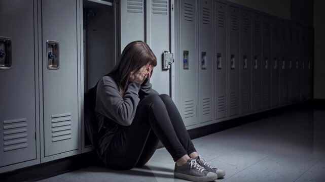 Teenage girl sitting alone by school lockers and covering face with hands. Sad student experiencing social isolation or bullying in dim hallway. Static medium shot.