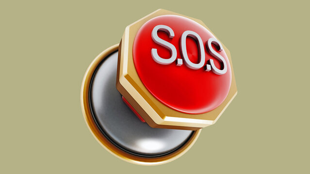 Push button with SOS text isolated on green background. 3D illustration