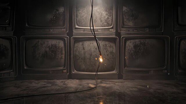Electrical sparks flying from frayed wire in front of wall of vintage television sets. Cinematic lockdown shot of short circuit in dark room.