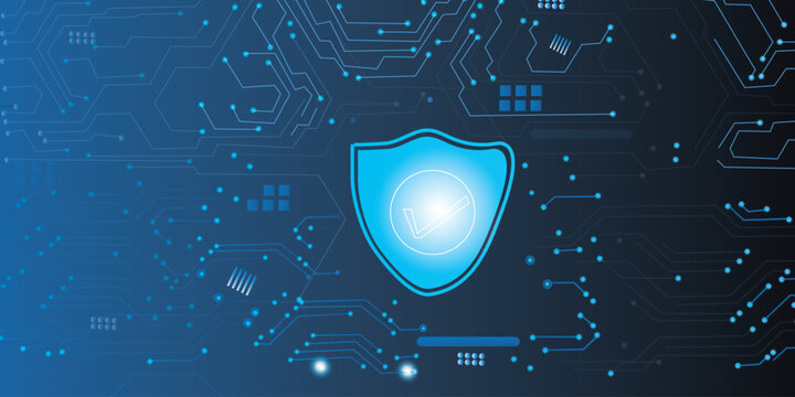 Abstract digital security shield icon on blue circuit board background for cyber protection and data privacy concept.