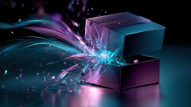 Abstract concept of a glowing gift box exploding with ethereal energy and shards