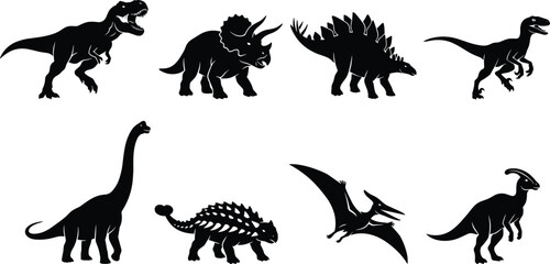 Collection of dinosaur silhouette vector illustrations featuring Tyrannosaurus, Triceratops, Stegosaurus, Velociraptor, and other prehistoric species © MdShahedul