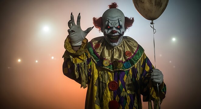 Scary clown with glowing red eyes holding a balloon in the fog