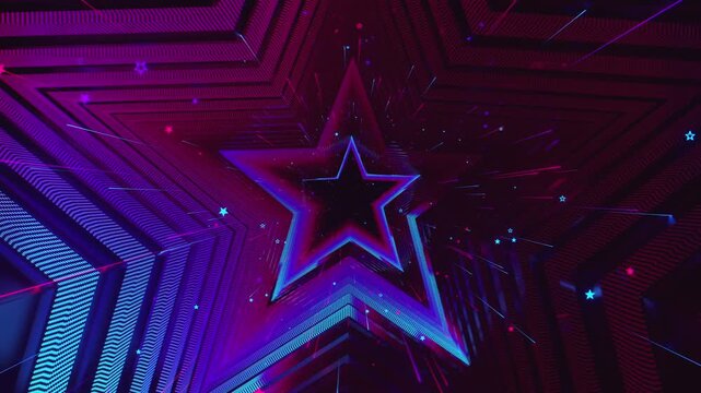 4k seamless VJ loop of a futuristic star-shaped tunnel. Abstract digital vortex with rhythmic motion and geometric elements, for electronic music festivals, high-tech club visuals, stage screens.