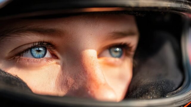 Young female racer with blue eyes wearing a black helmet gazes intensely ahead, sunlight illuminating her face and highlighting her focused expression in a racing environment