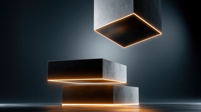 Abstract composition of floating dark stone cubes with glowing edges