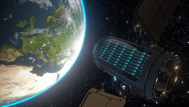 Satellite with servers for training artificial intelligence. CGI Concept.