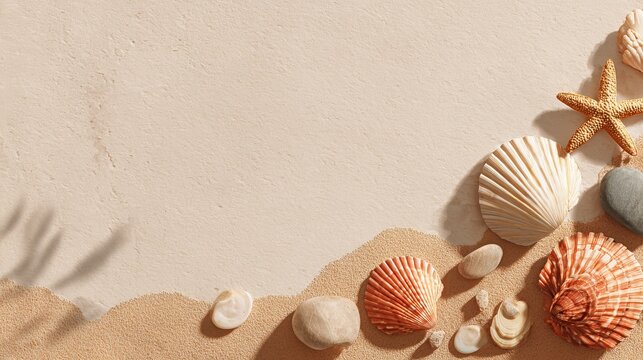 Beautiful collection of natural seashells starfish and smooth pebbles arranged elegantly on a textured beige sand surface for summer design