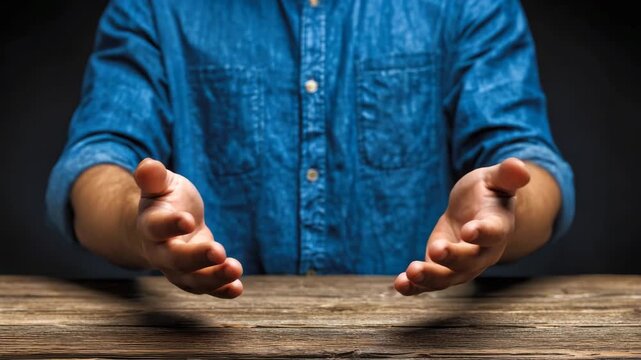Male figure in blue shirt extends both hands forward, palms up, showcasing an inviting gesture over a rustic wooden table against a dark background