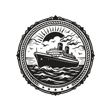 Black and white cruise liner ship logo inside circular rope frame with nautical