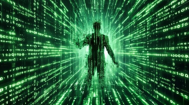 Hacker silhouette standing in digital matrix corridor. Virtual reality environment with green binary code streams and data processing concept.