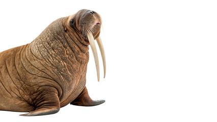 Large brown walrus with long tusks lying down in profile isolated on transparent background cut out ©  Morozova-png