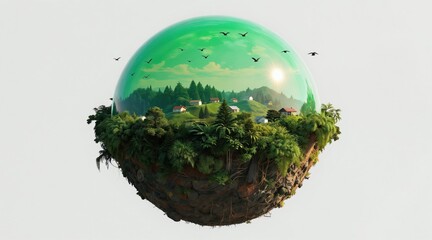 Obraz premium Floating island with houses and trees under green dome. Birds fly in bright sky. Surreal nature landscape, eco friendly living, futuristic concept.