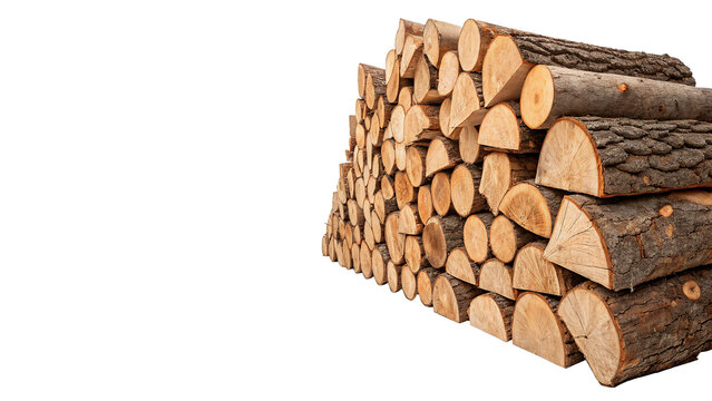 Neatly stacked pile of brown wooden logs chopped firewood isolated on transparent background cut out
