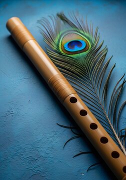 Elegant indian bansuri flute with peacock feather on textured blue background cultural musical instrument still life