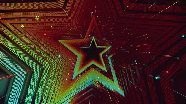 4k seamless VJ loop of a futuristic star-shaped tunnel. Abstract digital vortex with rhythmic motion and geometric elements, for electronic music festivals, high-tech club visuals, stage screens.