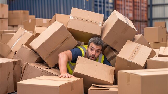 Logistics worker buried under pile of cardboard boxes in shipping warehouse. Overwhelmed employee struggling with excessive inventory and poor organization.