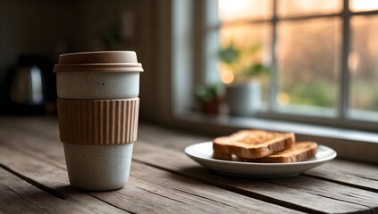 Naklejka premium Reusable Coffee Cup on Breakfast Table During Morning Routine