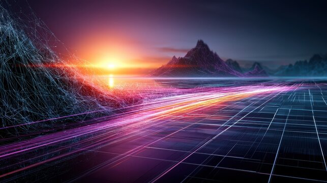 Futuristic digital landscape with glowing light trails and data mountains