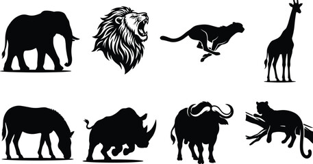 Fototapeta premium Wildlife safari animal silhouettes of elephant, lion, cheetah, giraffe, rhinoceros, wildebeest, mammoth, and leopard for vector design