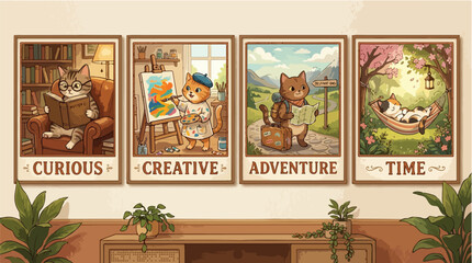 Obraz premium Whimsical cat illustrations in four framed artworks on a wall with plants
