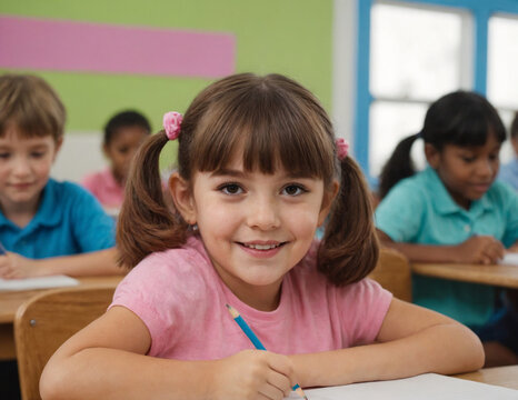 BAMBINA SORRIDENTE CON CODINI CHE SCRIVE AL BANCO IN UN'AULA SCOLASTICA 