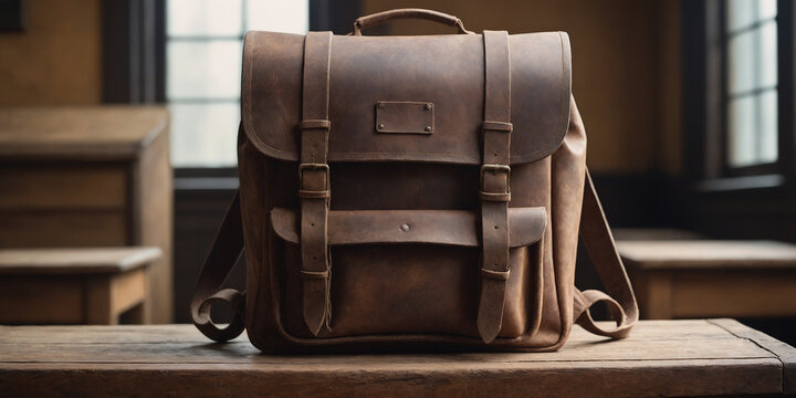 ZAINO VINTAGE IN PELLE MARRONE APPOGGIATO SU UN BANCO DI SCUOLA IN LEGNO 