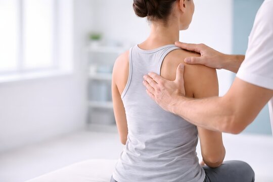 Therapist hands apply manual pressure to a seated patient back and shoulder during physical therapy care in a bright clinical room