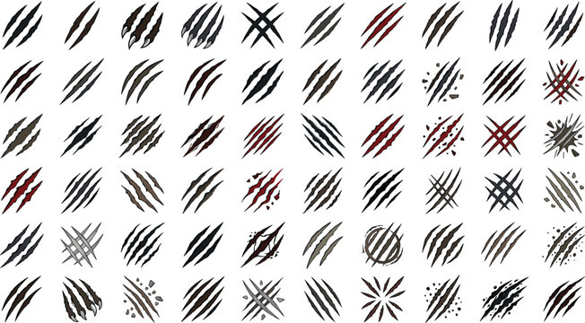 Monster Claw Marks and Animal Scratch Set with Blood Slashes for Horror Movies, Halloween Designs, Gaming Assets, and Violent Beast Attack Illustrations