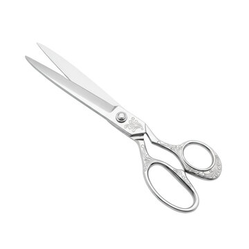 Professional stainless steel tailor shears with polished silver blades and intricate metallic handles splayed open on a transparent surface, precision concept