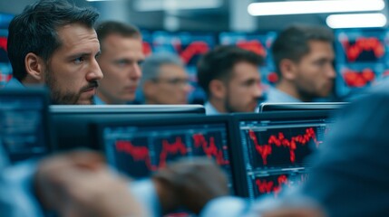 Obraz premium Traders in a modern financial trading floor staring at paused monitors and red charts, tense mood, cold overhead lighting, layered composition with foreground hands and blurred screens.