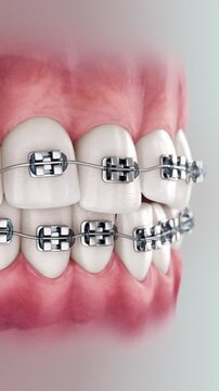 Orthodontic metal braces on crooked teeth, medical 3D animation of dental alignment treatment.
