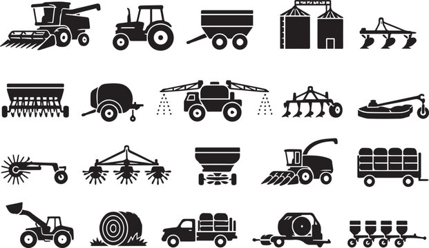 Collection of Agricultural Machinery and Farming Vehicles in Flat Vector Illustration Style