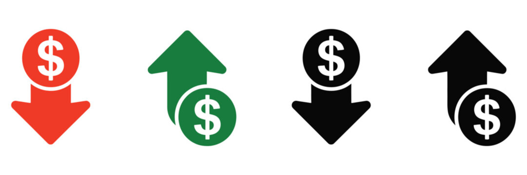 Money Increase Icon with Up Arrow and Dollar Decrease Symbol for Profit, Loss, Financial Growth, and Revenue Performance, Vector