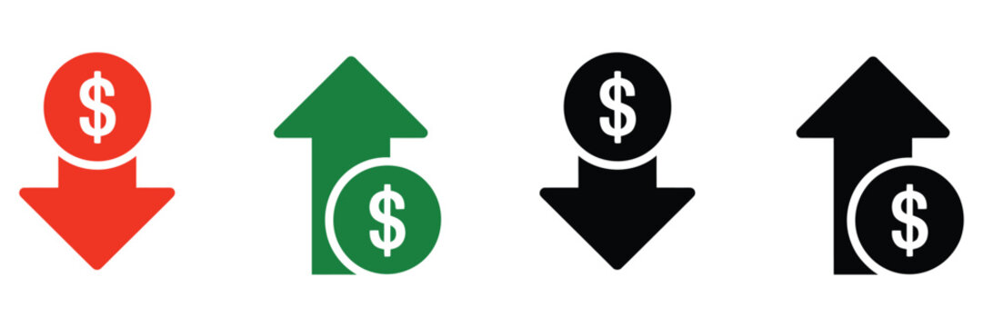 Money Increase and Dollar Decrease Icons Featuring Profit and Loss Indicators, Financial Trends, Revenue Changes, and Business Performance, Vector