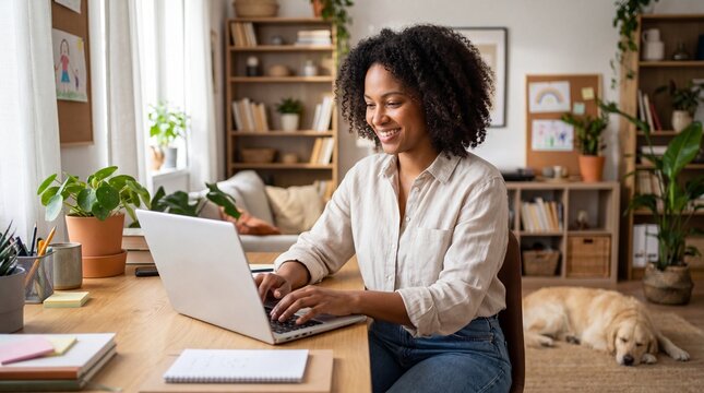 Smiling young Black woman with curly hair typing on a laptop in a bright, modern home office. A Golden Retriever sleeps nearby, symbolizing a balanced, comfortable work-from-home lifestyle.