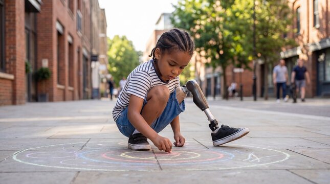 Young Black child with prosthetic leg drawing colorful chalk circles on an urban sidewalk. This scene emphasizes inclusive childhood, resilience, and joyful adaptive play, reflecting normalcy.