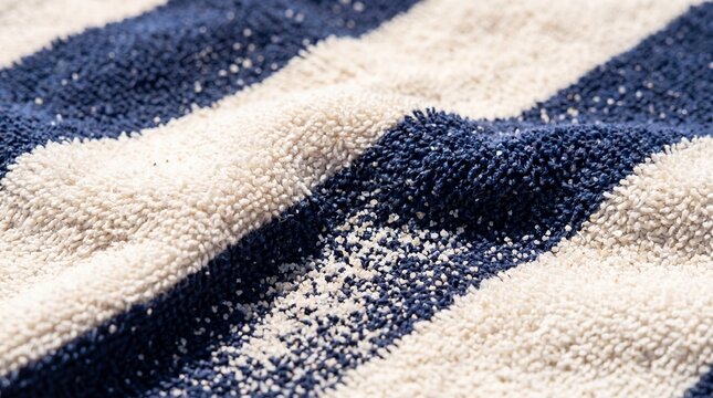 Close-up of a blue and white striped terry cloth beach towel, gently creased and scattered with fine sand grains. Evokes summer travel, seaside relaxation, and vacation comfort.