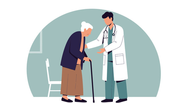 Doctor assisting elderly woman with cane in clinic, supportive care and healthcare concept