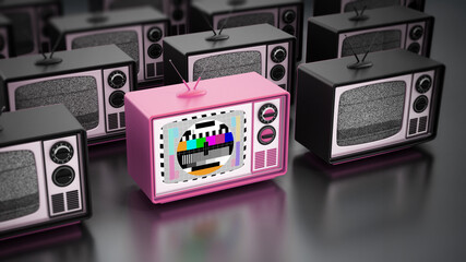 Pink retro TV stands out among other TVs. 3D illustration © Destina