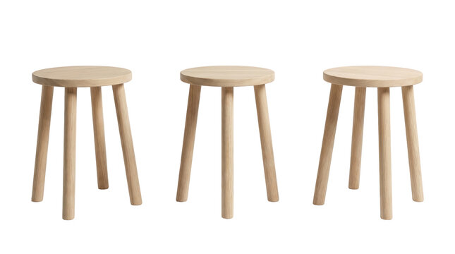 Set of 3 multi-angle views of minimalist round wooden stool clean design bar counter kitchen seating, transparent background, PNG
