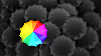 Multi-colored umbrella stands out among black ones. 3D illustration © Destina