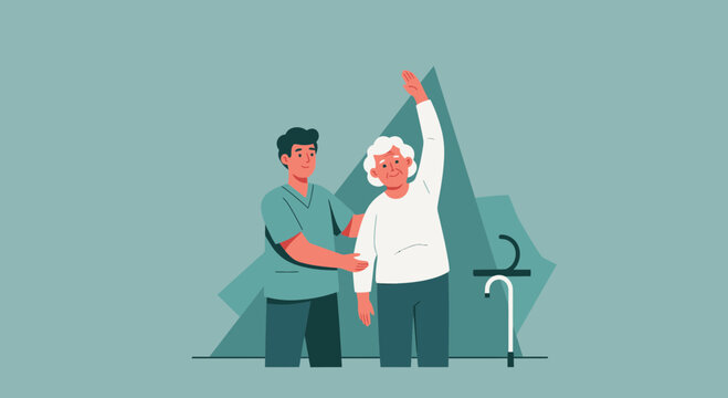 Elderly Woman Doing Arm Exercises with Caregiver Support