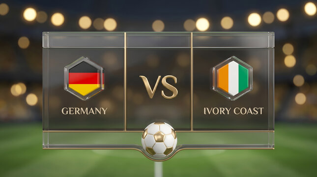 Elegant glass soccer scoreboard display banner with gold vs text between national flag icons