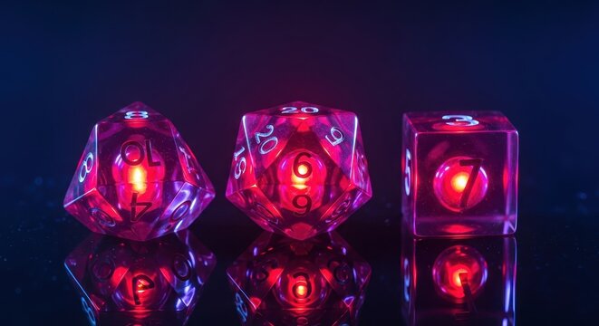 Glowing Pink Polyhedral Dice for Tabletop RPG Games on Reflective Dark Background with Cinematic Lighting