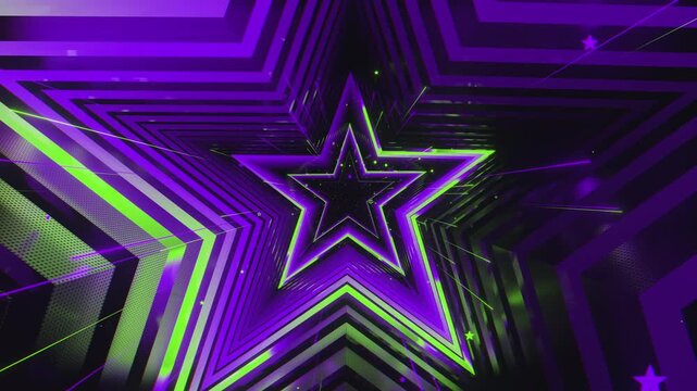 4k seamless VJ loop of a futuristic star-shaped tunnel. Abstract digital vortex with rhythmic motion and geometric elements, for electronic music festivals, high-tech club visuals, stage screens.